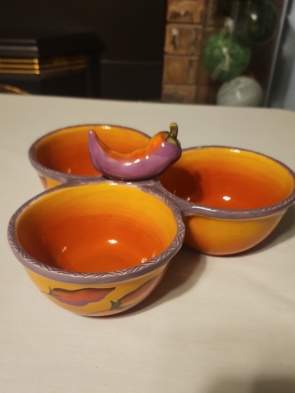 Vintage Clay Art Fiesta Condiment Triple Serving Bowl with Jalepeno Handle